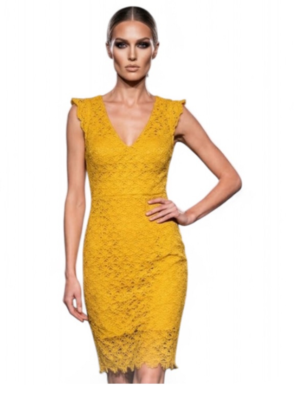 J.O.A. Mustard Yellow Lace V-Neck Sheath Dress M